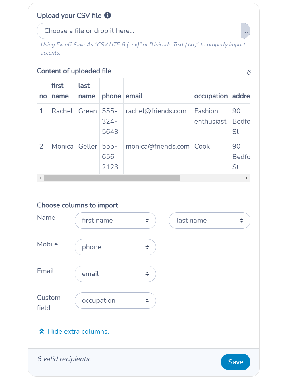 Importing contacts from Mailchimp or Constant Contact. Choose columns to import using Activity Messenger.