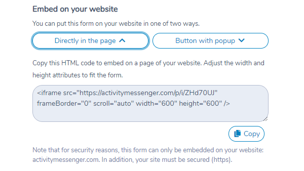 Embedding an Activity Messenger form on your website using an IFRAME