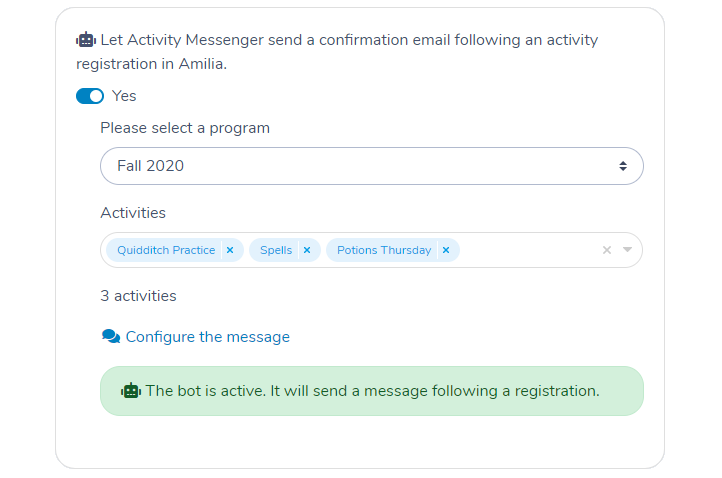 Configuring the Activity Messenger Automation Bot to send a registration email following after someone registeres to an activity in Amilia