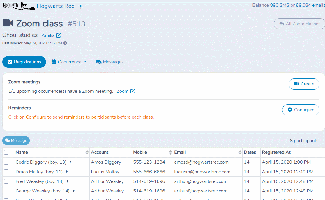 Configuring the Automation Bot to sender reminders before a Zoom class by SMS or email using Activity Messenger