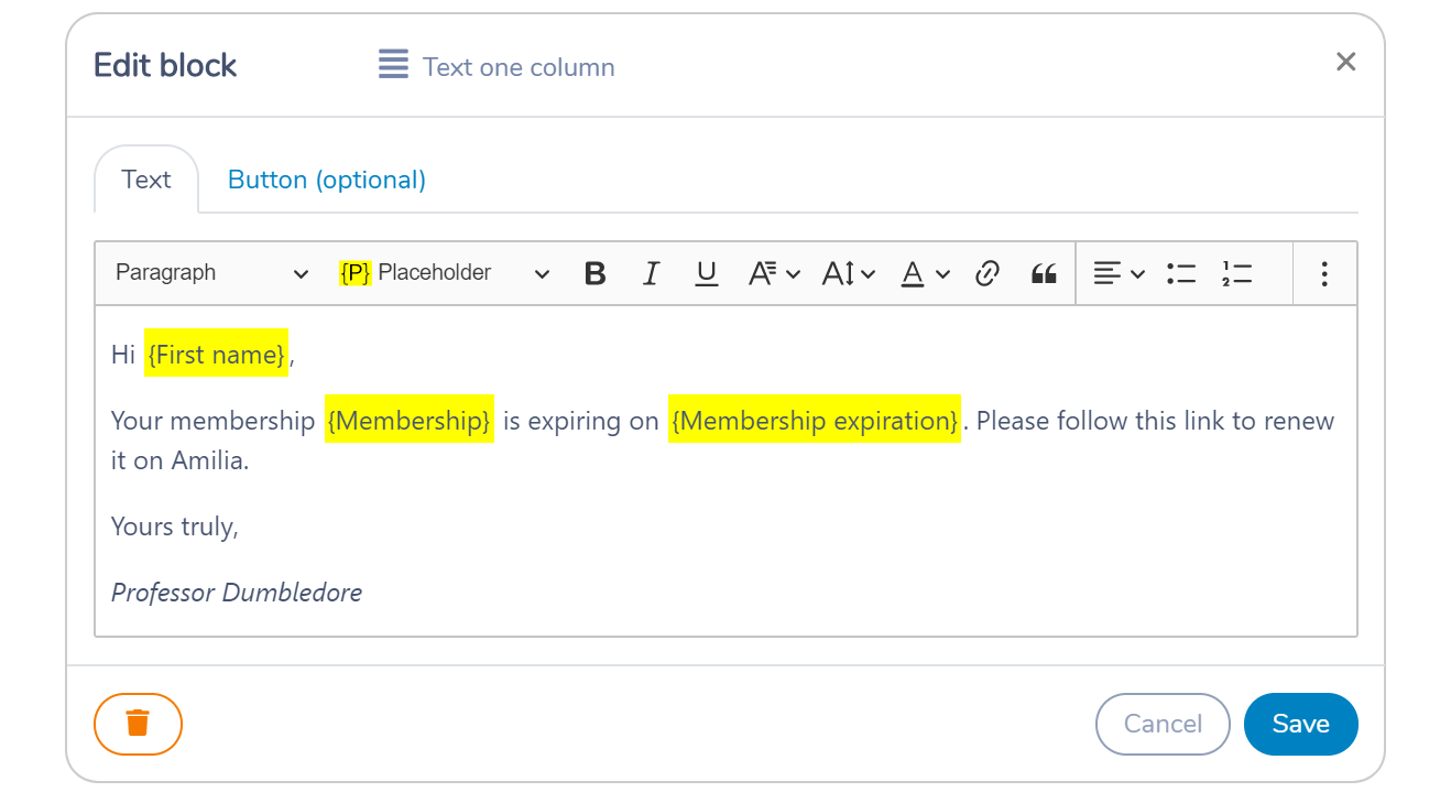 An HTML template message to email/SMS membership renewal using placeholders in Activity Messenger