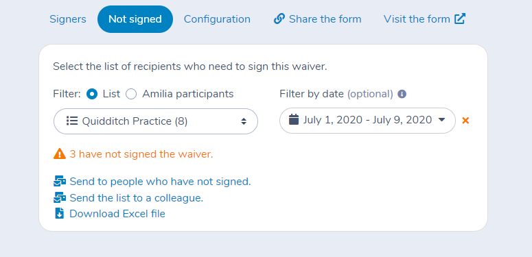 Filtering participants to find who has not signed a waiver using Activity Messenger