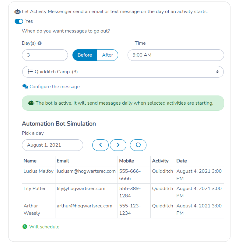 Automate sending emails before an activity, class or camp starts using Activity Messenger