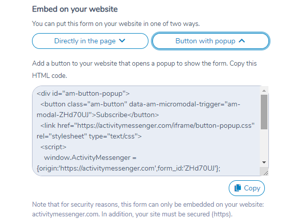 Embedding an Activity Messenger form on your website using a button with popup