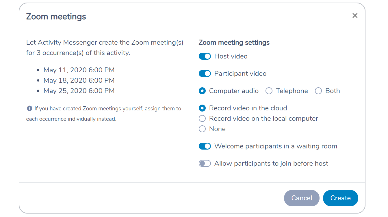 Automatically creating Zoom meetings from the schedule of an Amilia activity in Activity Messenger