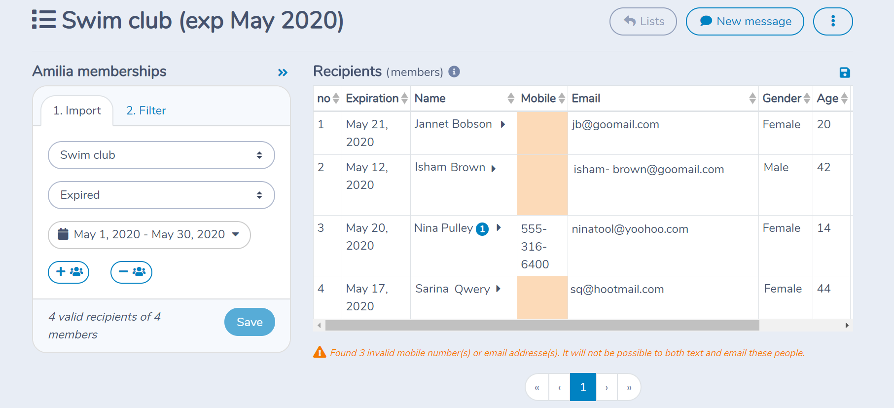 Importing members from Amilia memberships filtering on expiration date in Activity Messenger