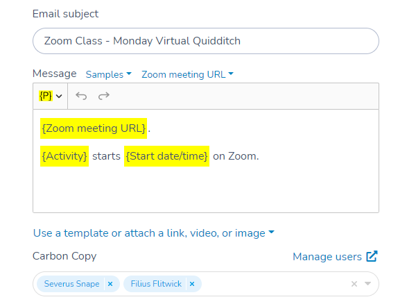 CC instructions on Zoom Class reminder emails that contain the Zoom link in Activity Messenger