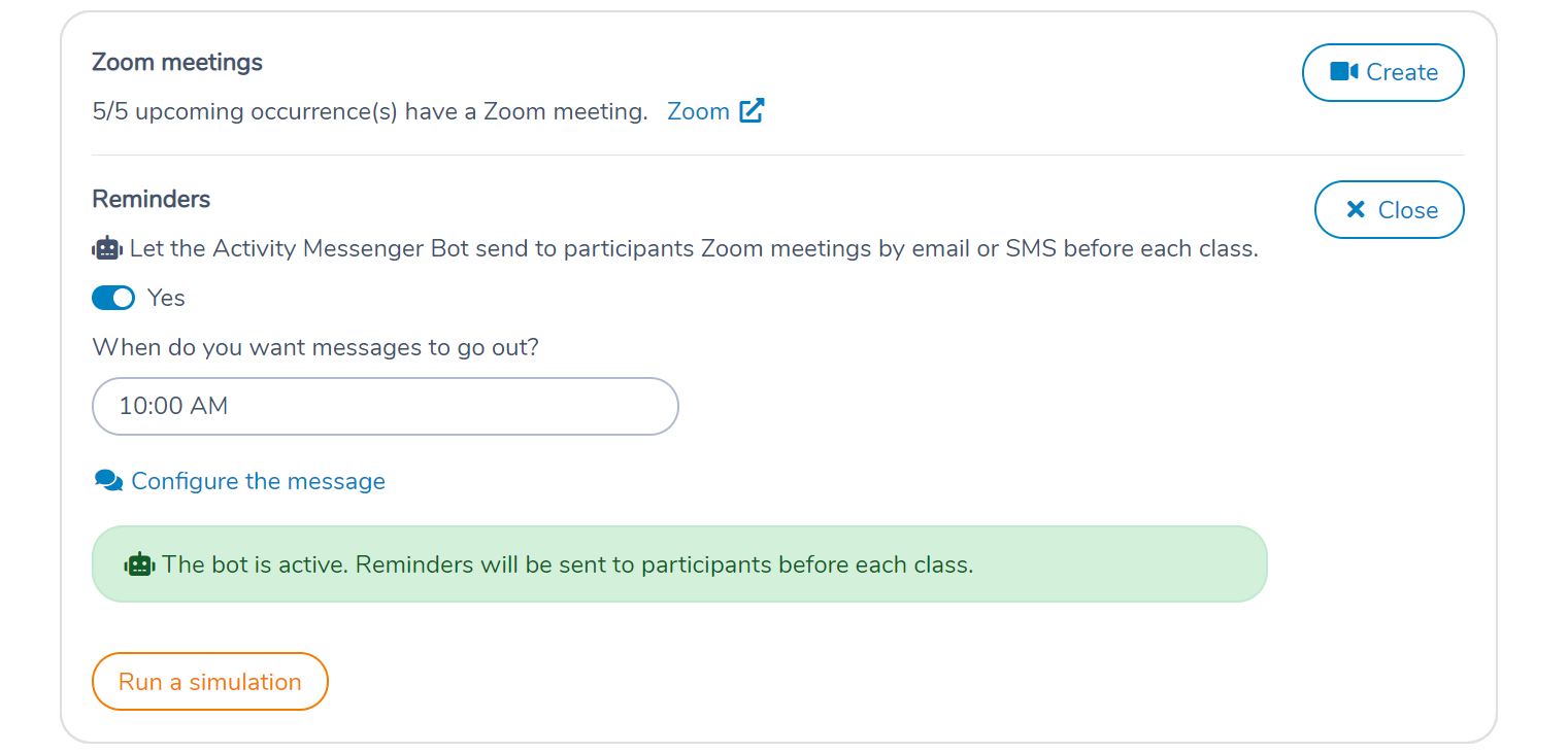 Configure the Activity Messenger automation bot to send Zoom class reminders 1 hour before the class