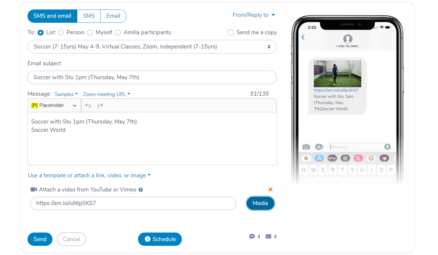 Sending a Zoom video recording by SMS or email in Activity Messenger