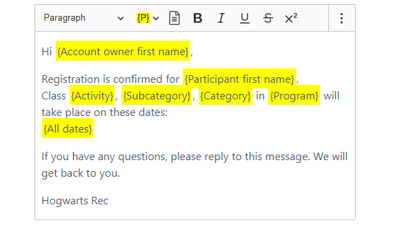 Using placeholders to personalize an Amilia activity registration confirmation email using Activity Messenger