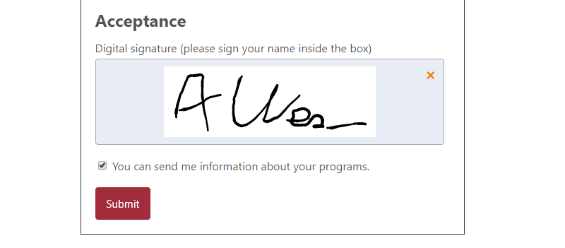 Eletronic signature captured when filling a liability waiver form in Activity Messenger