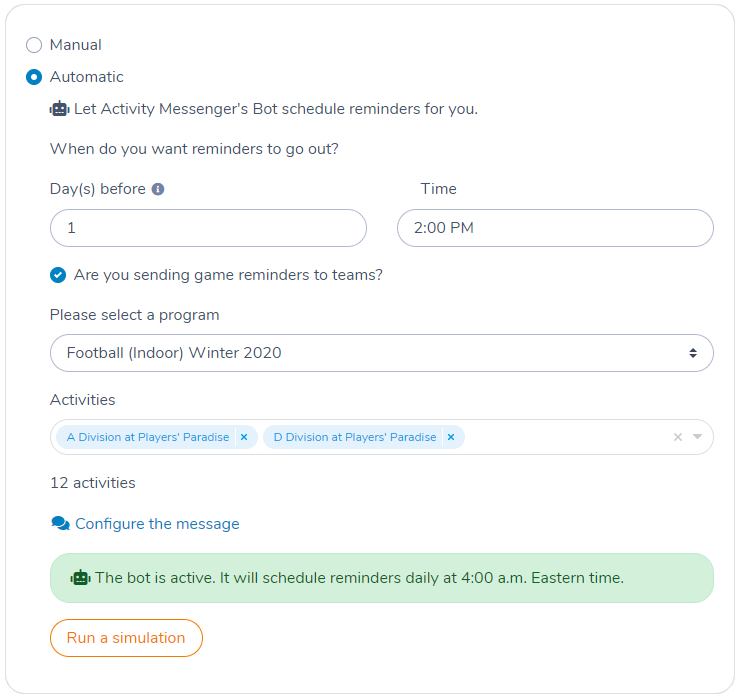 Programming the Automation Bot to send reminders in Activity Messenger