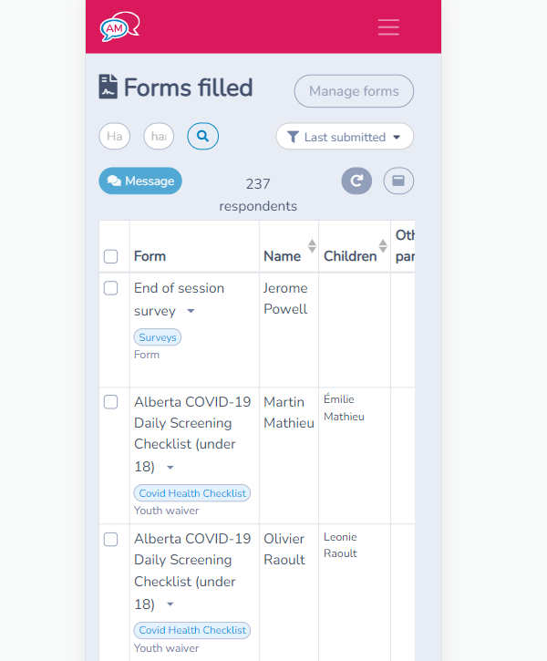 Activity Messenger provides you with a feed of filled forms making it easy to daily screen COVID-19.