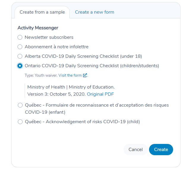 Creating a new form using one of many provided samples in Activity Messenger