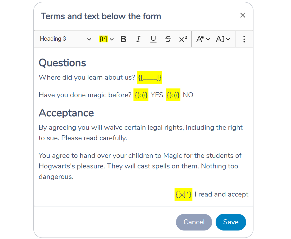 Adding text and extra questions to forms in Activity Messenger