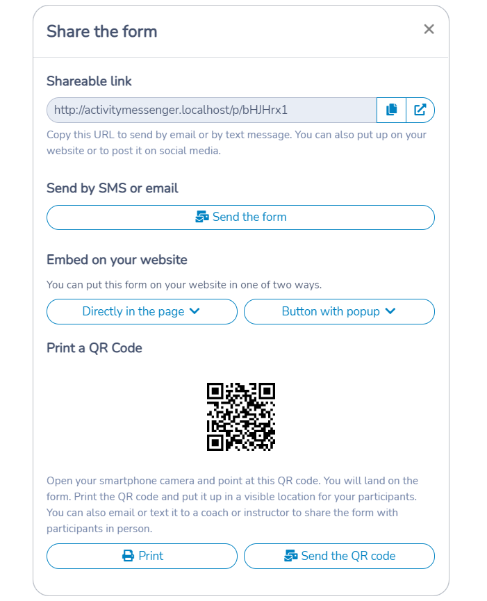 Sharing an Activity Messenger form via a unique URL, by embedding on your website, by printing a QR Code or by sending by email or by text message