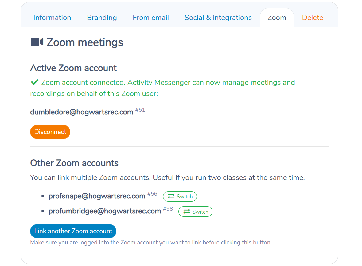 Connecting multiple Zoom accounts in Activity Messenger