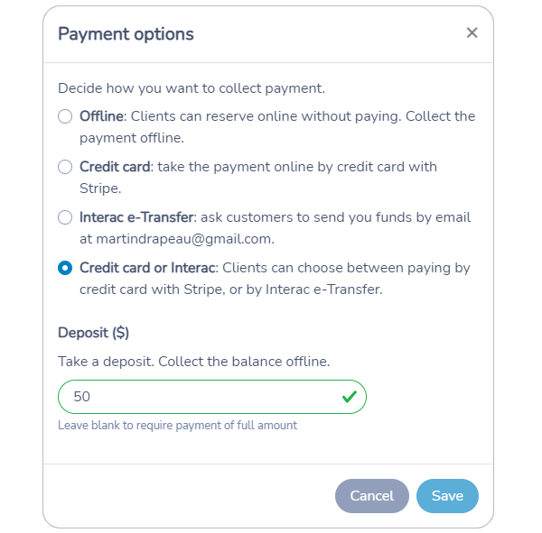 Activity Messenger Payment Form payment options. Choose between Offline, Credit card, Interac e-Transfer or both.