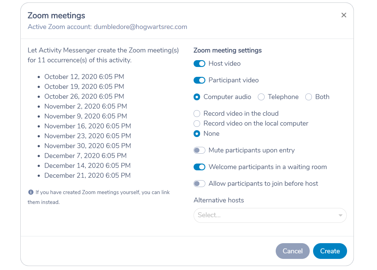 Let Activity Messenger create Zoom meetings from the Amilia activity schedule