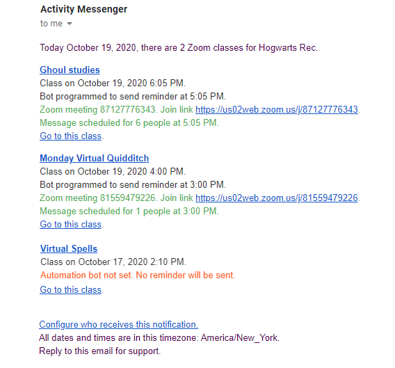 Zoom Classes Daily Digest sent by email to administrators by Activity Messenger