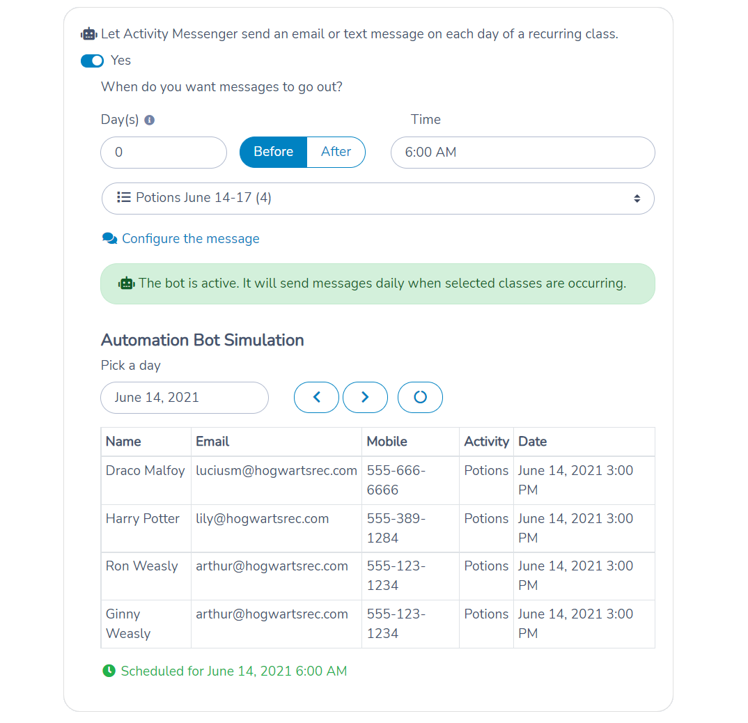 Class reminder automation configuration using Activity Messenger.